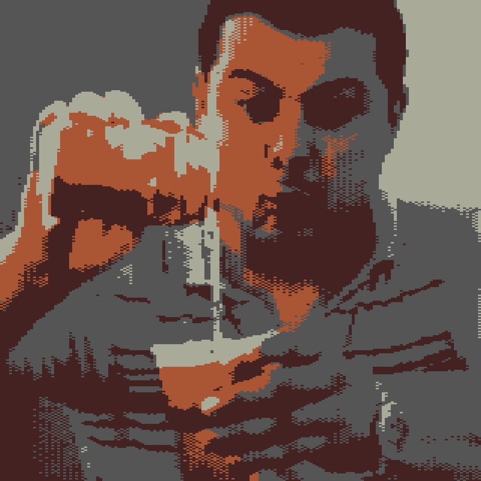 An image of a younger me with a more defined hairline, pouring beer into a glass. The image is pixelated in the style of an old computer, using grey, beige and orange hues.