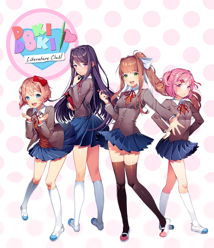 Promotional art for Doki Doki Literature Club featuring four anime-style schoolgirls