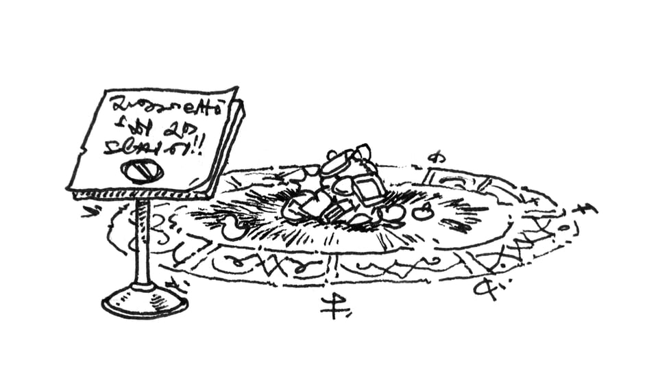 Black-and-white ink drawing of a trinket summoning circle and accompanying sign.