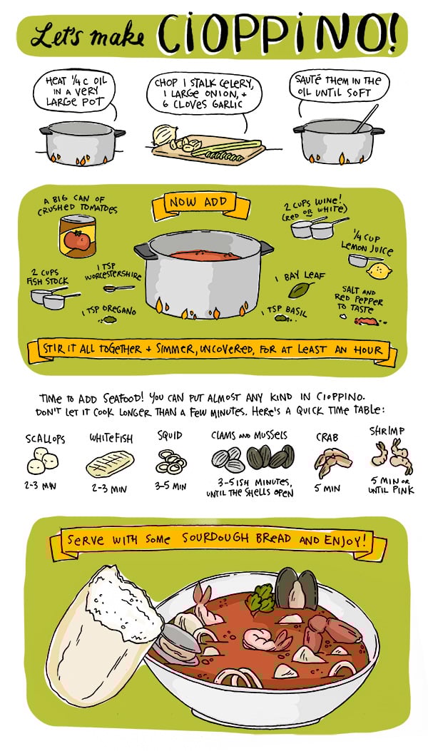 An illustrated recipe for cioppino seafood stew