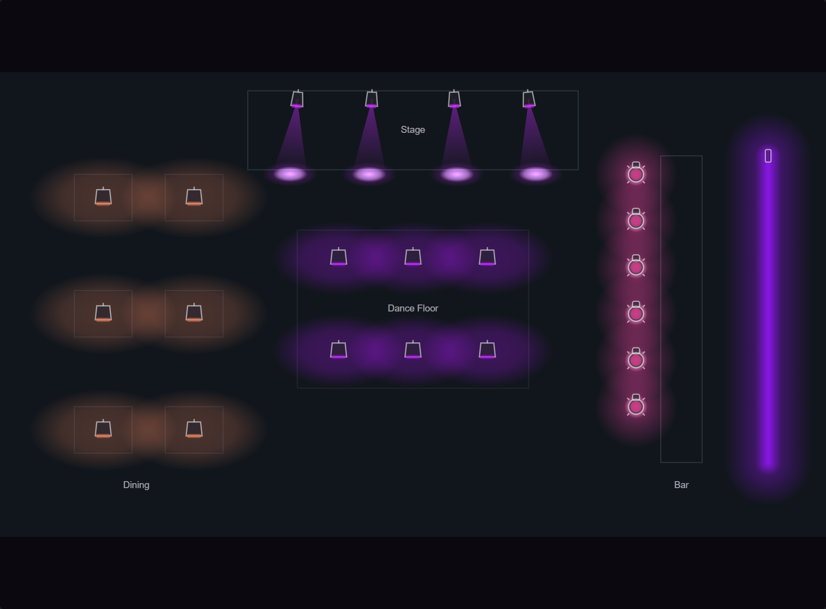 The 2D Visualizer showing a venue floor plan with lit fixtures