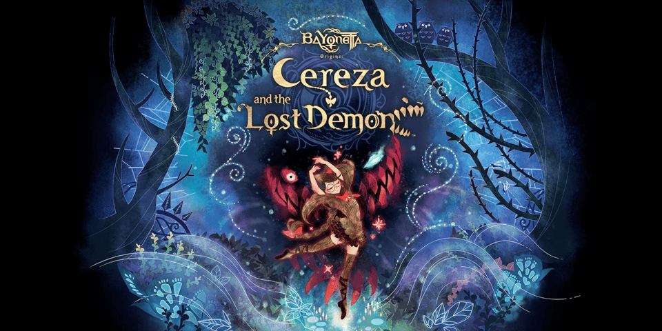 A whimsical illustration featuring a character dancing in a mystical forest, with the title "Bayonetta Origins: Cereza and the Lost Demon" prominently displayed amidst vibrant colors and fantastical elements.
