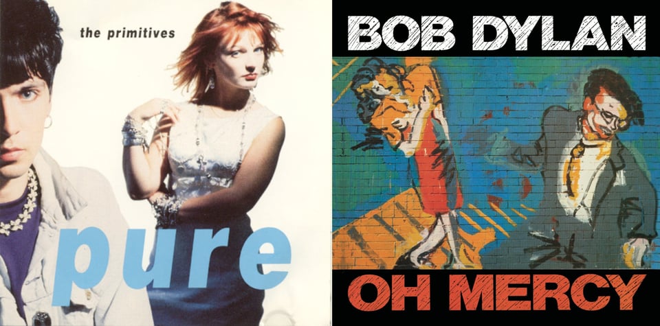 First pic: A color photograph of two members of The Primitives, both looking at the camera. One is a white man with short black hair, an earring, and necklace made of metal butterfly shapes. He is close to the camera and the left side of his face is cropped off. To the right and behind him is a white woman with red hair in a white dress. Her left arm is wrapped around her waist and her right arm is lifted so she's touching her right shoulder with her right hand. The background is white. Second pic: A photograph of a painting/mural on a brick wall. On the left is a white woman with dark hair, a kind of 40s hairstyle, in a yellow blouse and red skirt. The woman has her right arm across her chest, pointing to her left shoulder. On the right is a man in a grey suit, white shirt and yellow tie. His hair is dark, and a bit long on top, kind of New Wavey. He wears glasses and his head is turned away from the woman. Are they dancing? Is he rejecting her? (The woman has a vaguely forlorn expression on her face.) It's ambiguous.