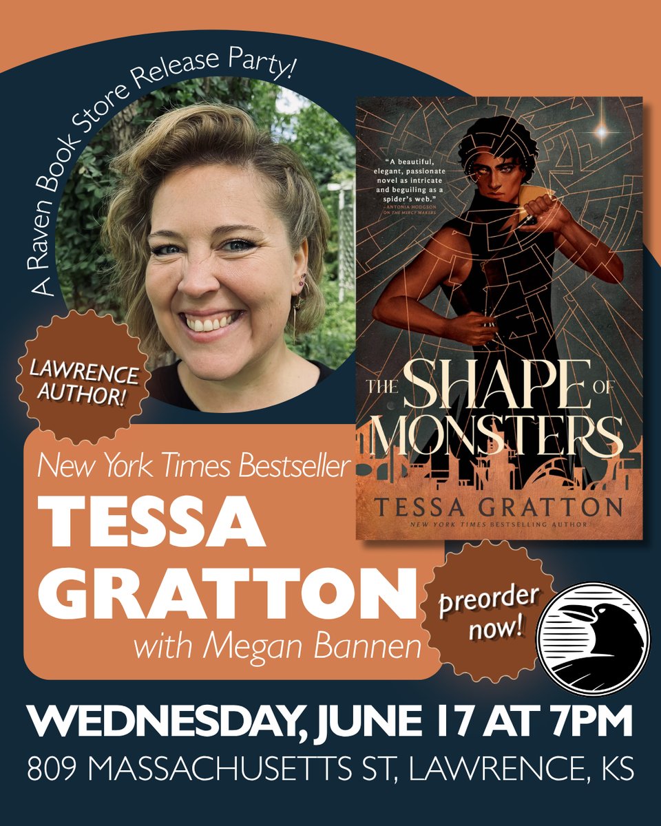 advertisement graphic for the release party of The Shape of Monsters with Tessa Gratton and Megan Bannen, Wednesday June 17 at 7pm