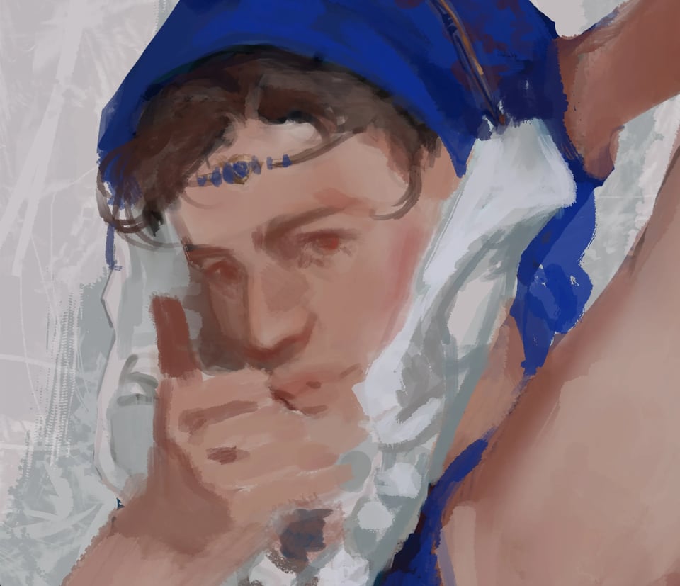 zoomed in wip of a woman holding a vaguely bone shaped contraption around her mouth, wearing a blue headscarf