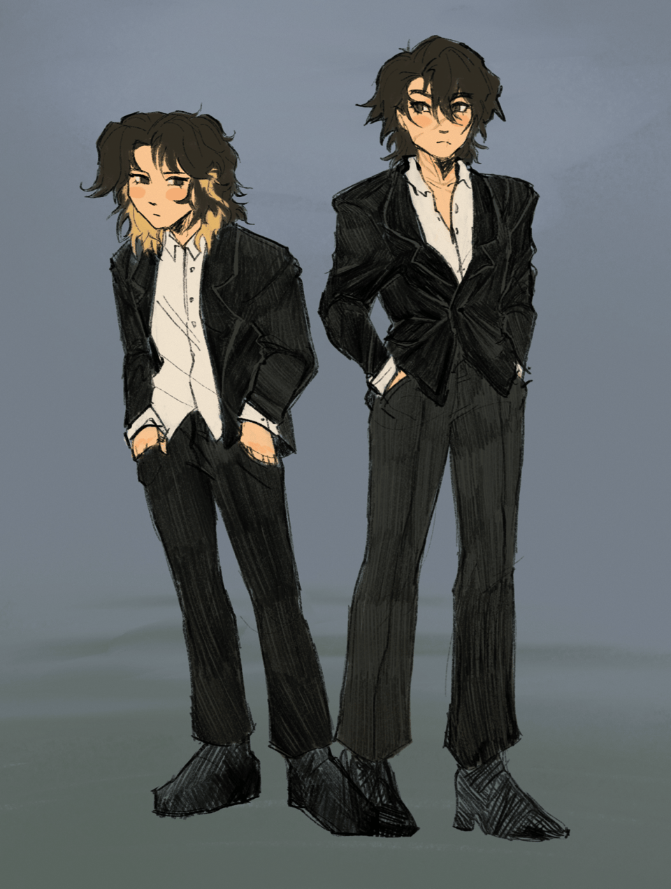 A digital drawing of two characters against a grey background. On the left is Subin, the shorter of the two characters. They are Korean, with a shaggy hairstyle that goes just past their shoulders. Their hair is black, with the underneath dyed blond. Their hands are in their pockets of their black slacks, and they are slightly slouched. Their shirt is white and untucked, and their blazer is black and unbuttoned. Subin’s body is turned away from Guard Dog, but they are looking back at him. Guard Dog is wearing the same clothes as Subin, though the top few buttons of his shirt are undone, revealing some scars on his neck, and his blazer is fastened. He has black hair that is a little unkempt, and a scar across his face. He also turns away from Subin, while looking back at them.