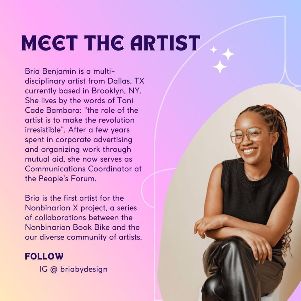 A "meet the artist" graphic features a portrait of Bria Benjamin, a Black woman wearing glasses, a black sleeveless sweater, and black pants.