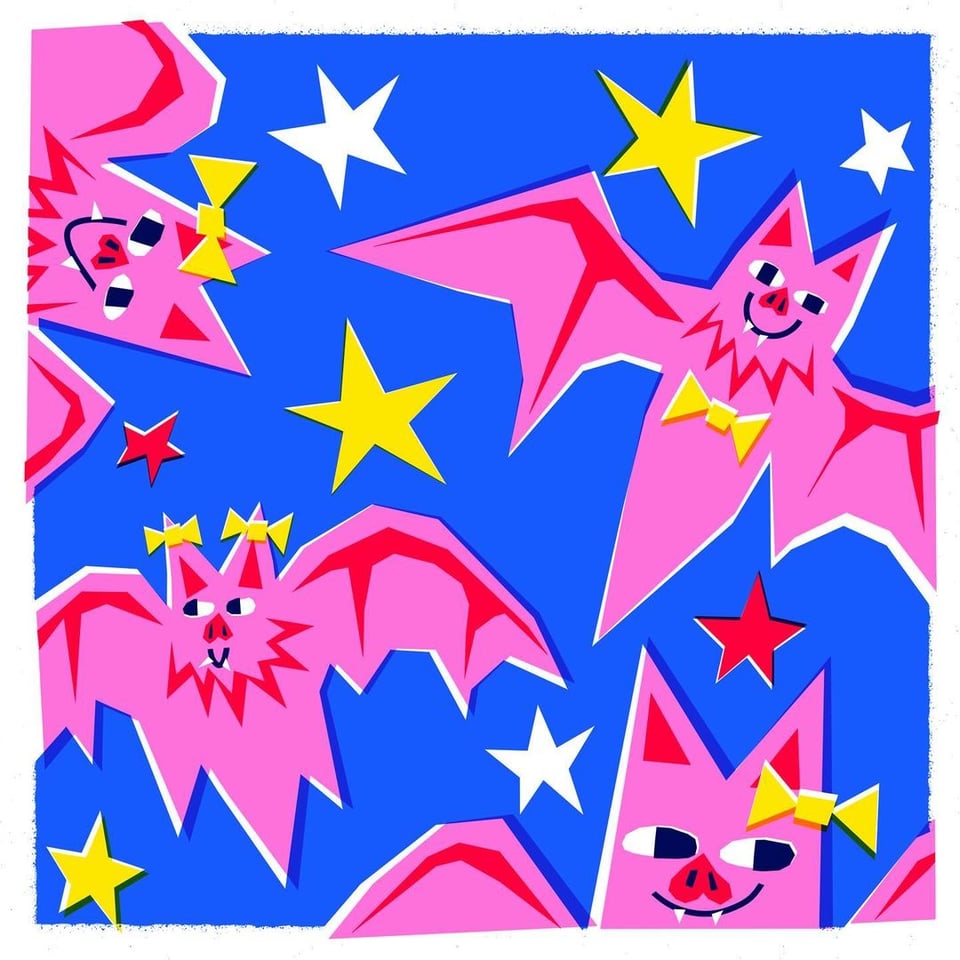 A cute illustration of pink bats wearing bows on their ears or as bow ties
