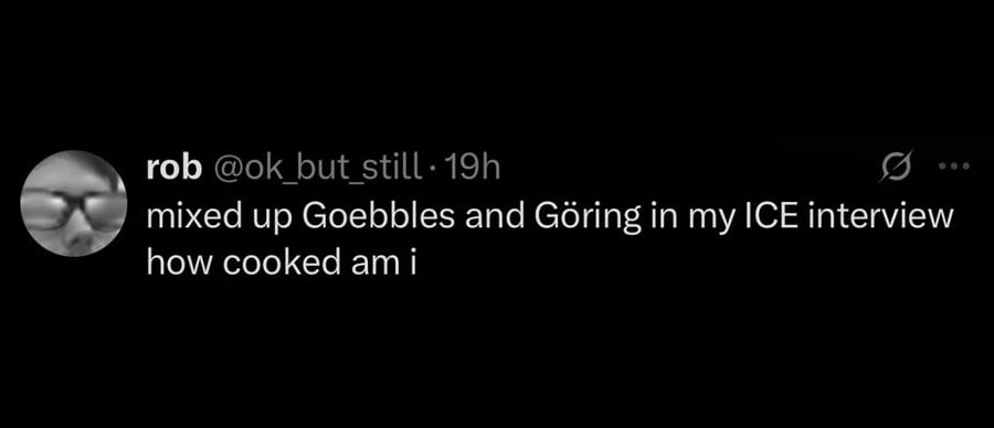 Twitter screenshot. @ok_but_still: mixed up Goebbles and Goring in my ICE interview how cook am i