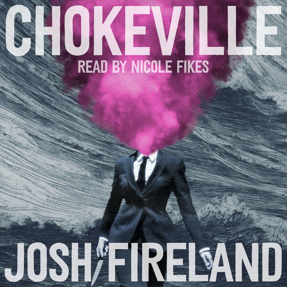 The audiobook version of the CHOKEVILLE cover (it’s square). There is a lady in a suit holding a knife with a big pink cloud of smoke emerging from her neck-hole.