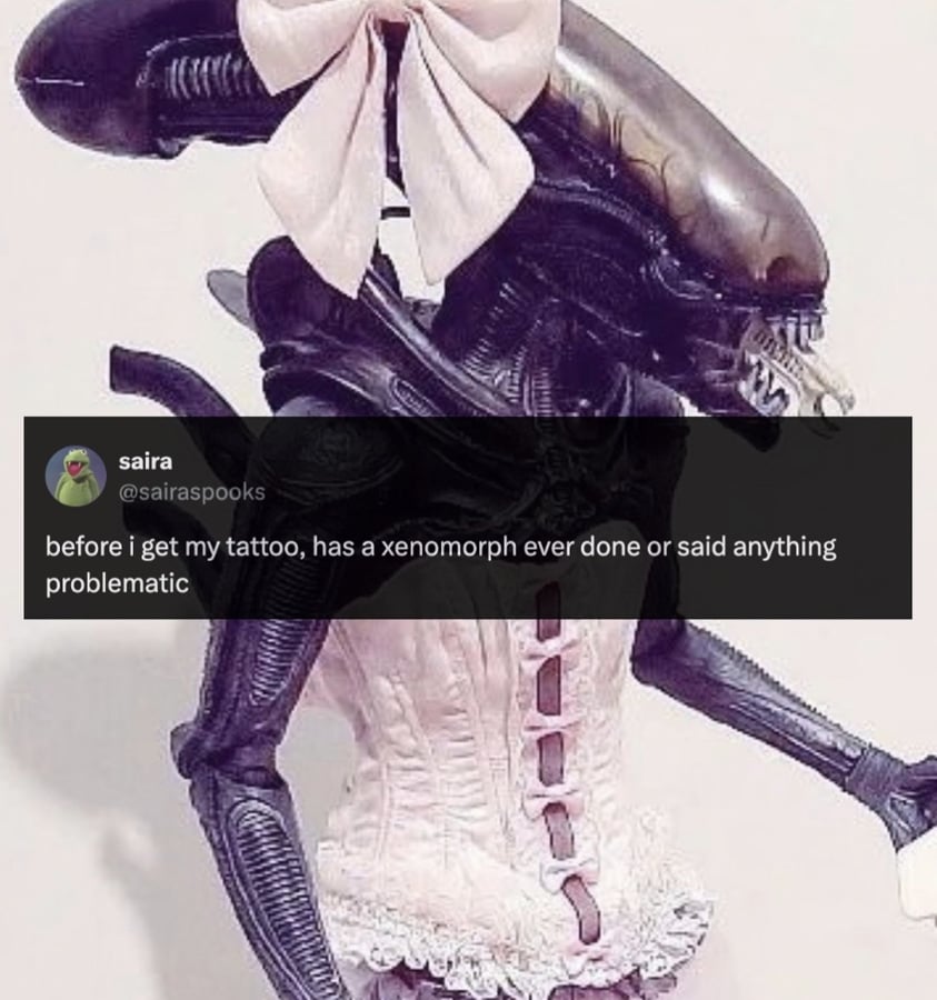 A picture of a Xenomorph in a cute pastel pink, lacey corset, with a pastel pink bow on its head. Overlaid text reads: before i get my tattoo, has a xenomorph ever done or said anything problematic