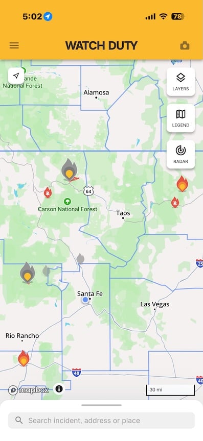 Screenshot of Watch Duty showing fires near Santa Fe.