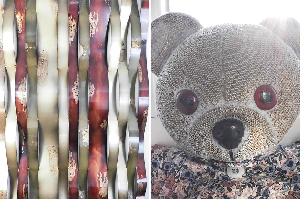 two digital Instax photos: left, a textured red & brass-looking wall design; right, a closeup of a stuffer mouse toy's face