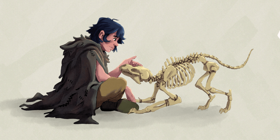 A person petting a skeleton dog.