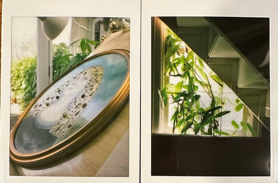 Photo of 2 Instax images: left, an oval portrait on a drawing table, with various colored stones embedded in it; right: bamboo shoots with leaves backlit by a window that’s diagonally bisected by stairs