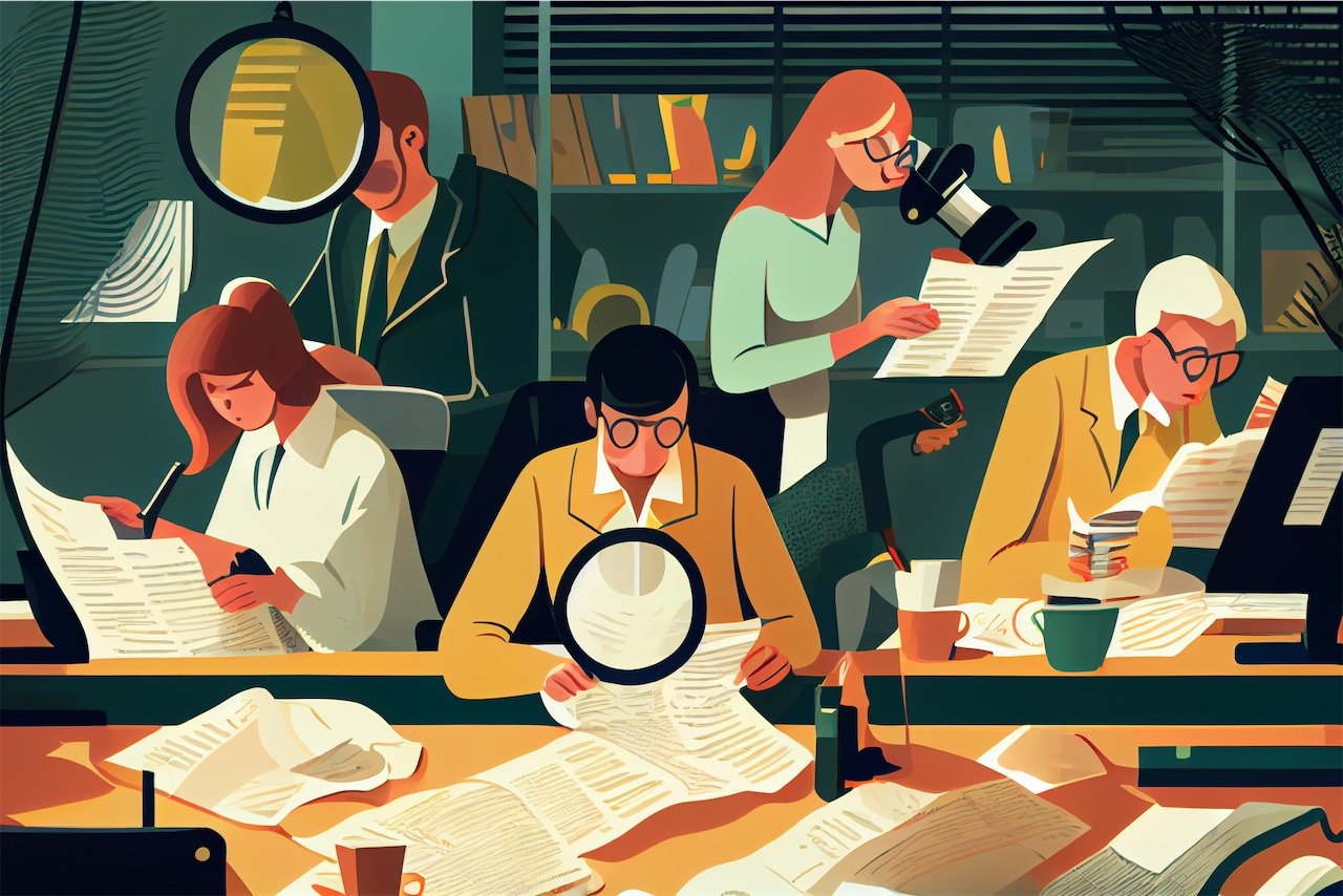 People in an office, checking documents