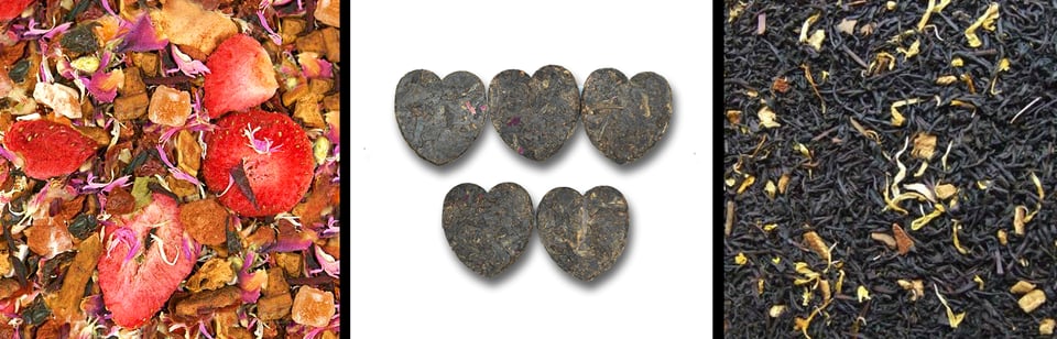 triptych of Berry Hibiscus Truffle, Dark Rose pressed tea hearts, and Red Hot Chocolate black tea leaves