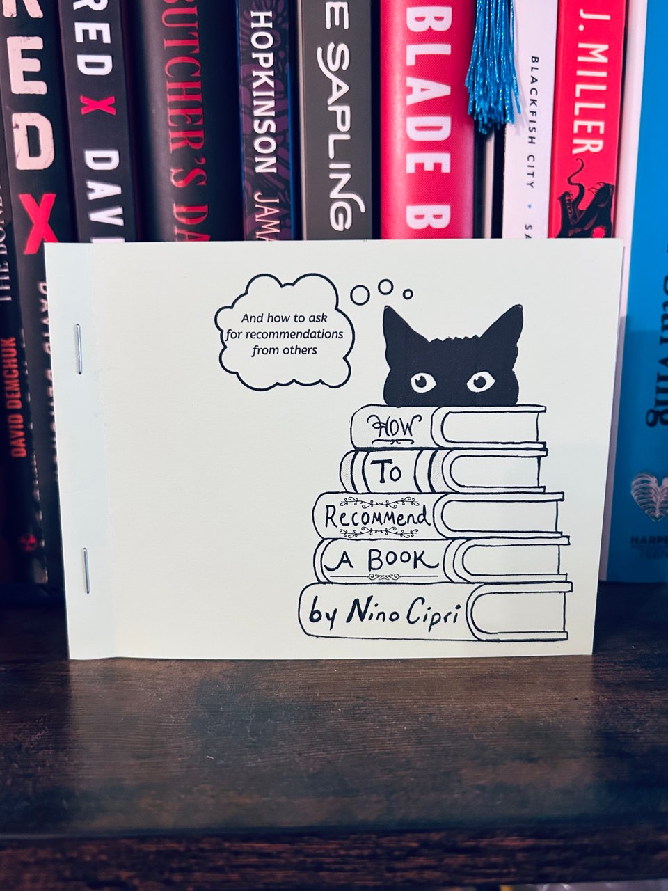 A small quarter-page zine stands in front of some books on a shelf. It's titled How To Recommend a Book (and how to ask for recommendations from others), and its cover shows a black cat peeking over a stack of books.