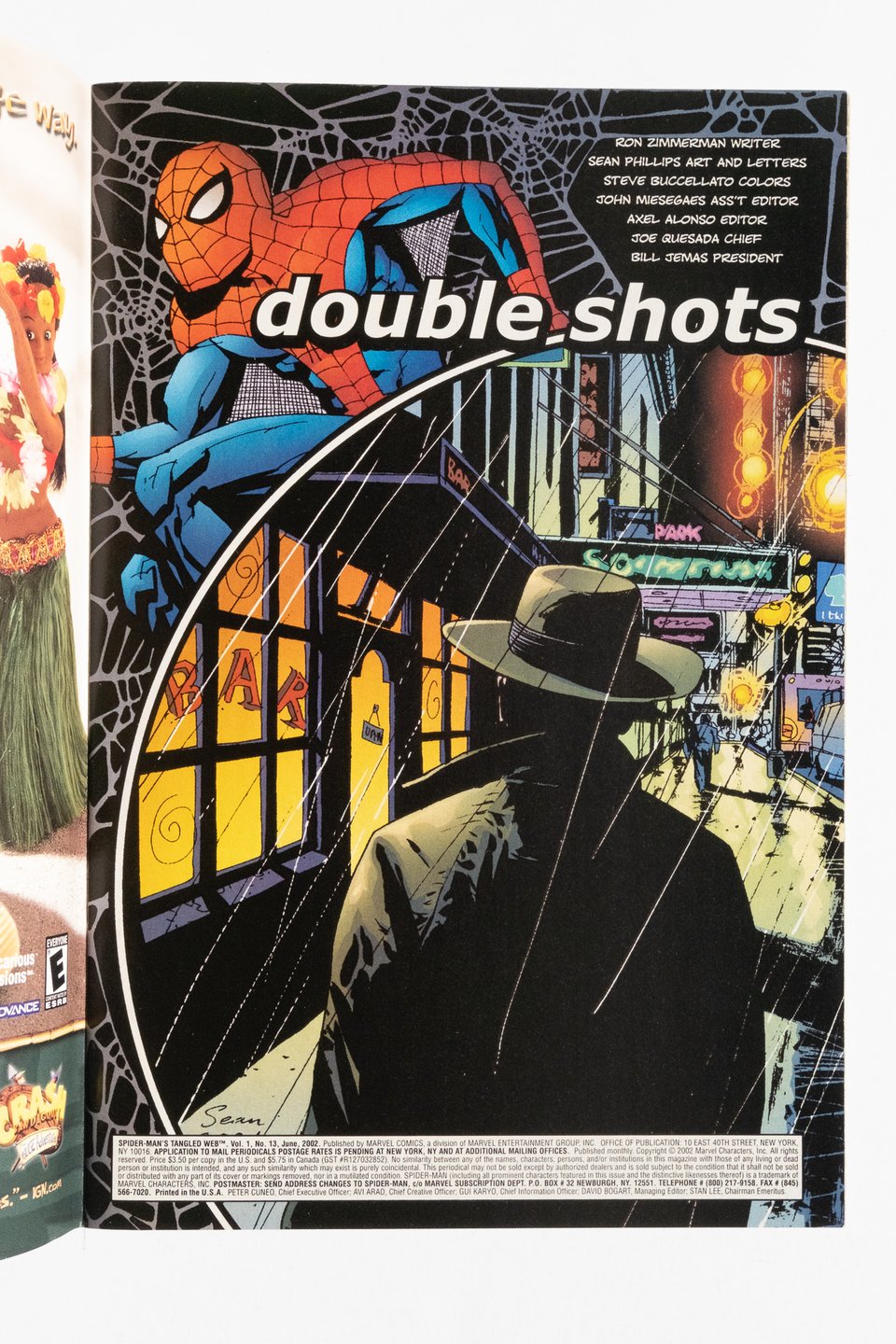 a page from Spider-Man's Tangled Web by Sean Phillips. Spider-Man is in the top left corner, a silhouetted figure in a trench coat and fedora is walking towards a bar in the foreground