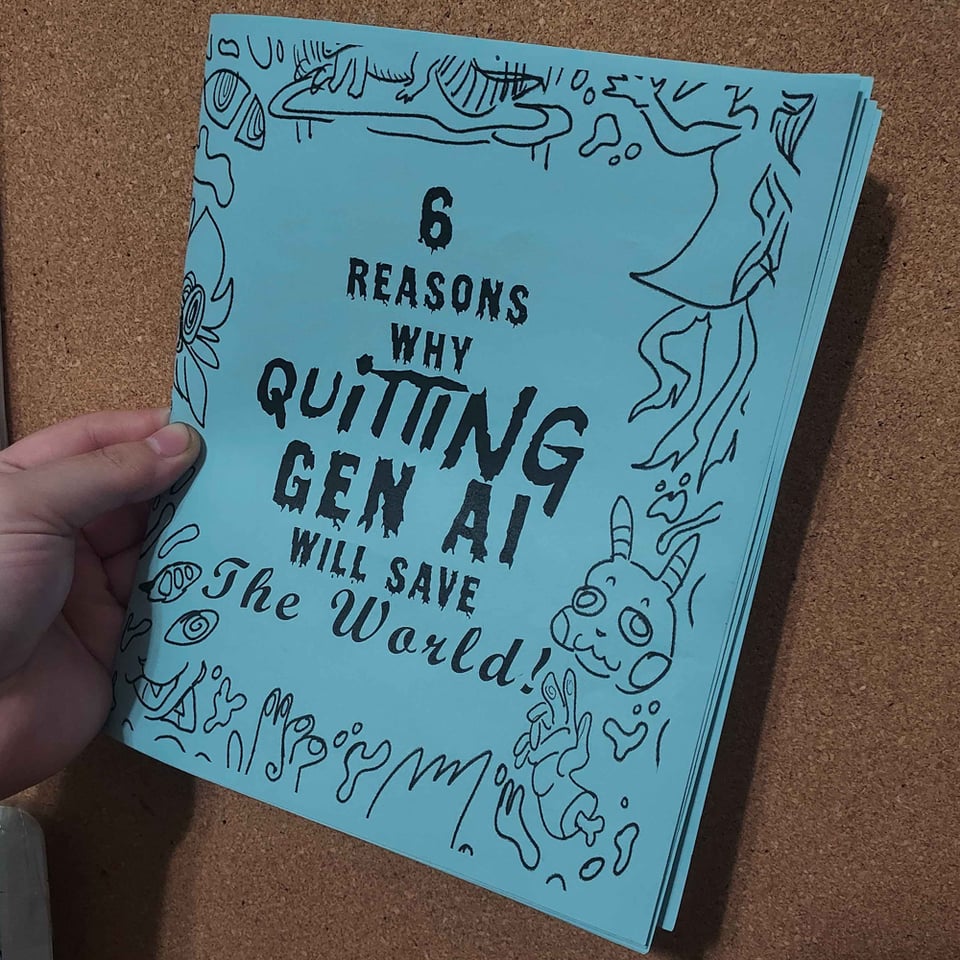 The zine in my hand, printed, for 6 Reasons Why Quitting Gen AI will Save The World
