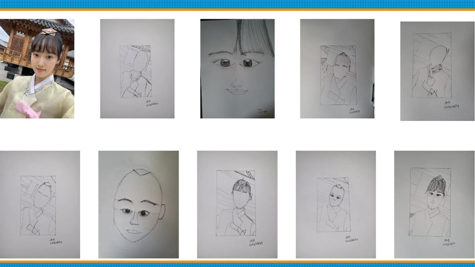 A collage of 10 images, in two rows of five. The image in the top left is a photograph of a young Korean woman in a hanbok standing in front of a traditional Korean building. The other nine images are pencil drawings of that photograph.