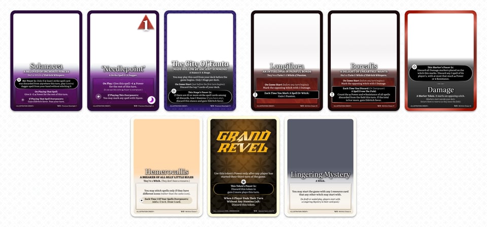 A spread of Early Playtest cards, including a new Moonlight stitch icon, a witch called Solanacea that prefers to use daggers, two Twins called Longiflora and Borealis that apply Damage (a token that, when you have enough, lets you discard a spell); a witch called Hemerocallis that has no resource; a token for a multiplayer mode called Grand Revel; and a witch called Lingering Mystery, who starts in your pool if you play sealed or draft.