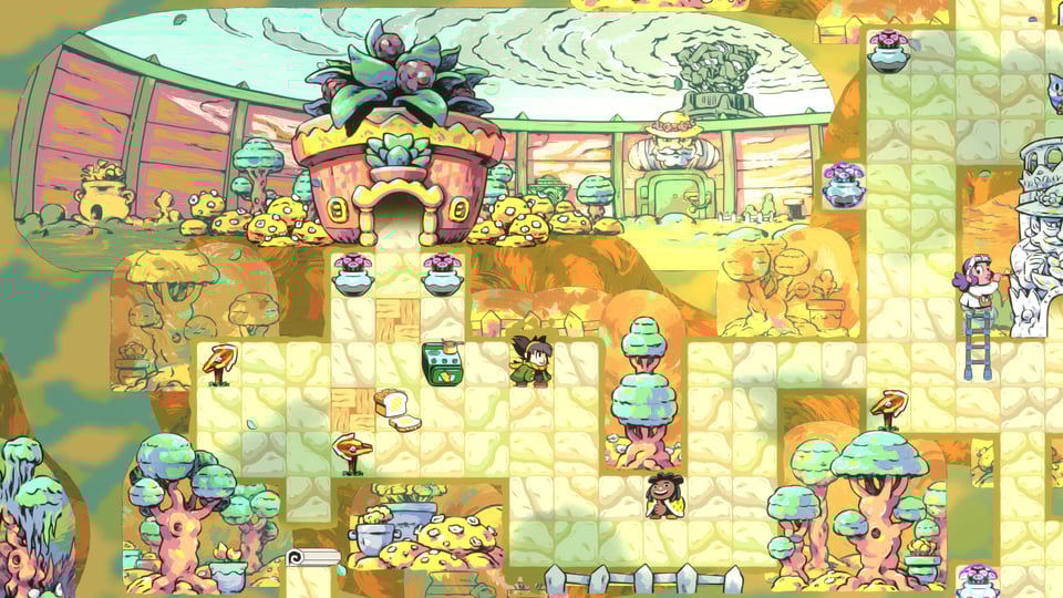 A gameplay screenshot of the player character Jemma standing in her cozy, colorful hometown