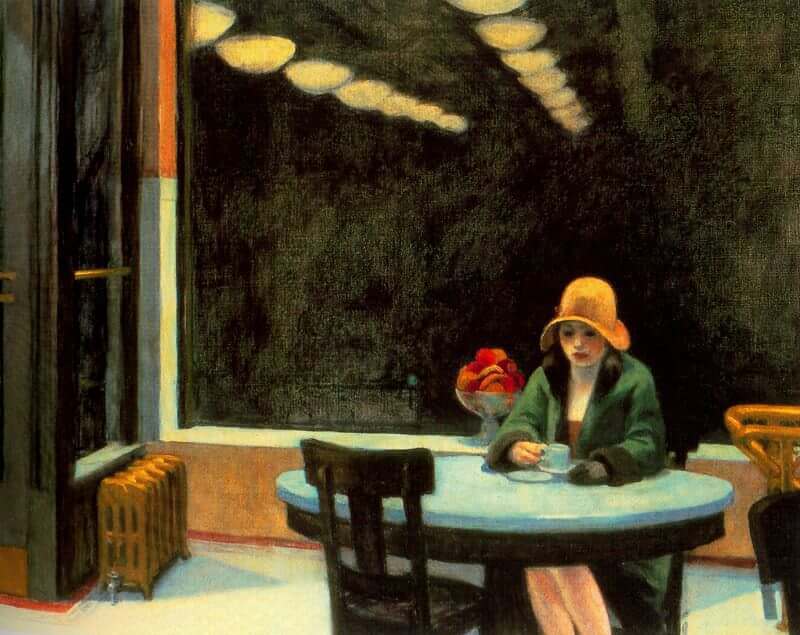 Automat by Edward Hopper, an oil painting which depicts a young woman alone at a table drinking from a mug in what looks like a commercial establishment. Behind her is a large plate glass window that shows only darkness beyond but which reflects rows of lights on the ceiling of the room. I did not get permission to use Edward Hopper's work but on the other hand I also didn't use AI to gin up a fake Edward Hopper painting. If you ever want to be bored to tears, ask me to list all the reasons I hate AI. We'll be there a while.