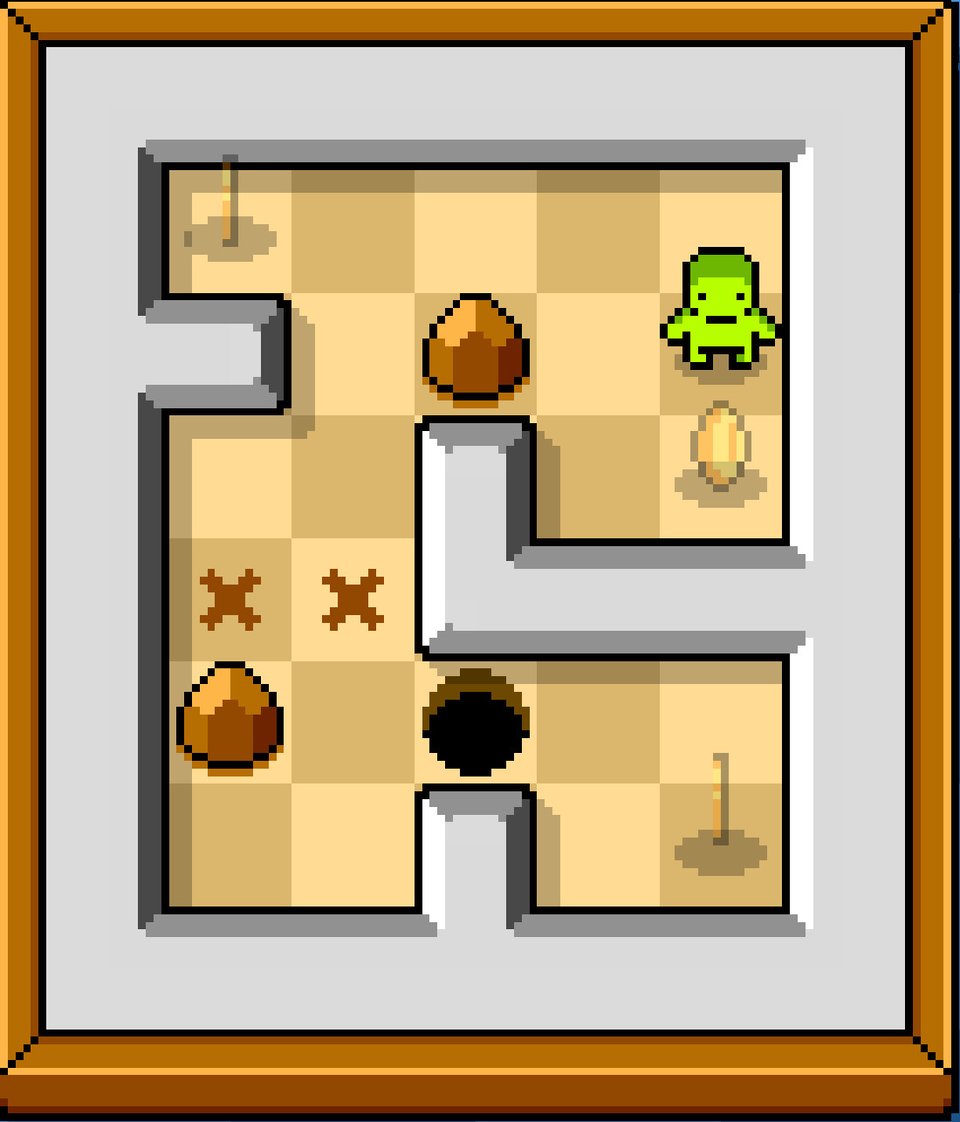 A pixel-art-style maze game displayed in a wooden frame, featuring a green frog-like character in the top right corner of the maze. The maze is composed of tan checkered tiles with gray walls, and includes obstacles like brown boulders, sand-colored mounds, and a central black hole. There are also two crossed-out marks near the bottom left and a glowing egg-shaped object near the frog. The visual style is retro, resembling an 8-bit or 16-bit video game.