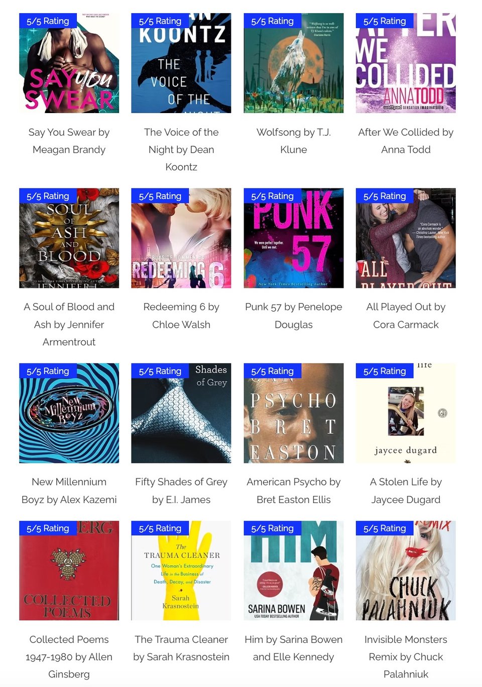 Image of the book covers for books which received a 5/5 rating on RatedBooks.