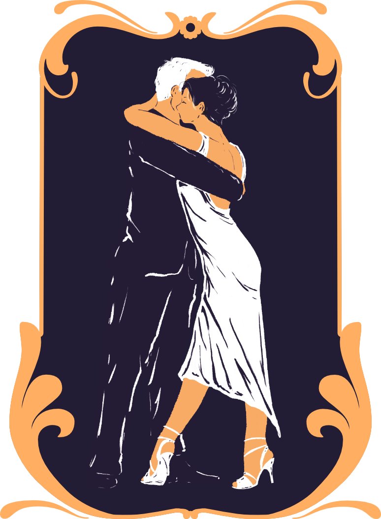 digital drawing of a couple dancing tango inside an light orange floral framework with stylised acanthus leaves. The follower is wearing a long white dress and high heels, and the leader is wearing a suit, which we recognise only through the highlights because it's the same solid purple colour of the background