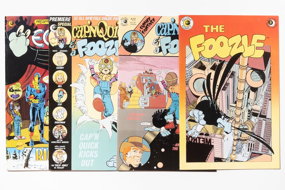 four comics arrranged in a row. Cap'n Quick & a Foozle 1-2, The Foozle 3 and Eclipse Monthly 1, all featuring Marshall Rogers