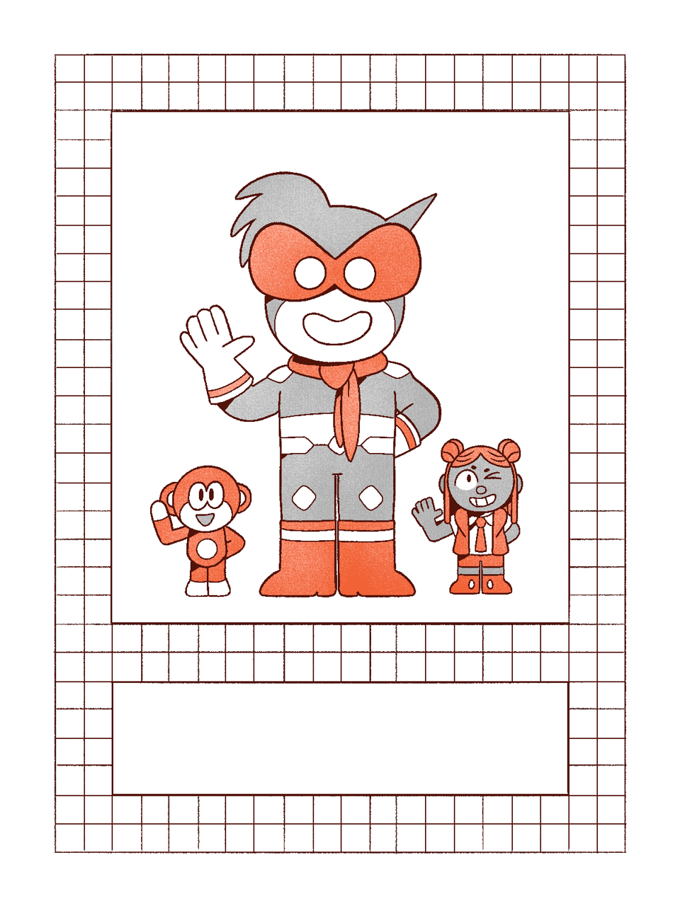An image of three characters in a checkered border. The characters from left to right are Okidoki, a robot monkey, Go-Man, a smiling supehero with a large mask, scarf and gloves and boots, and Grace, a human girl smiling and winking.