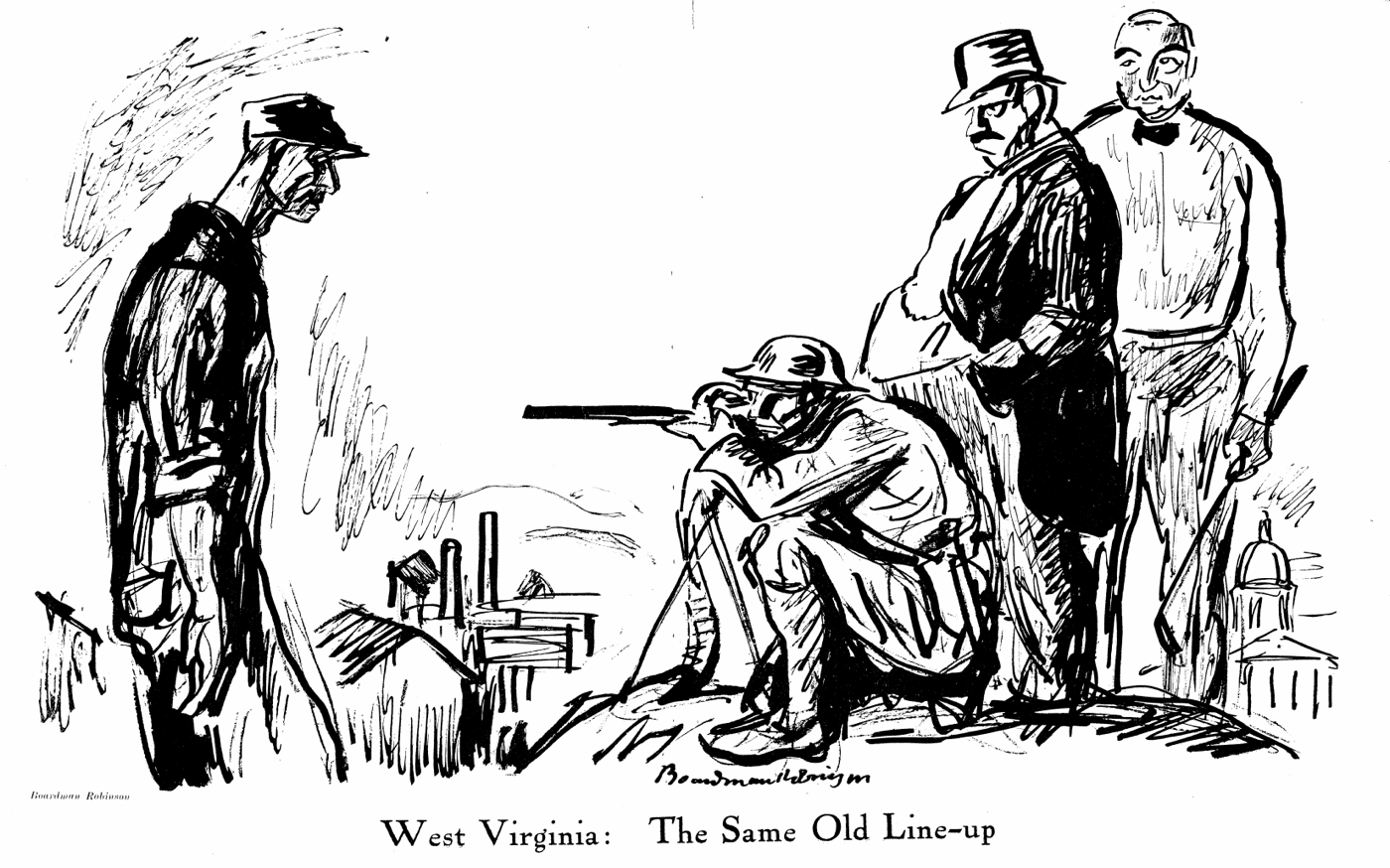 Cartoon showing soldier with rifle trained on striking West Virginia miner; standing to the right, behind the soldier, are President Harding and a mine owner. "West Virginia: The Same Old Line-up" by Boardman Robinson, The Liberator, October 1921. Public domain.