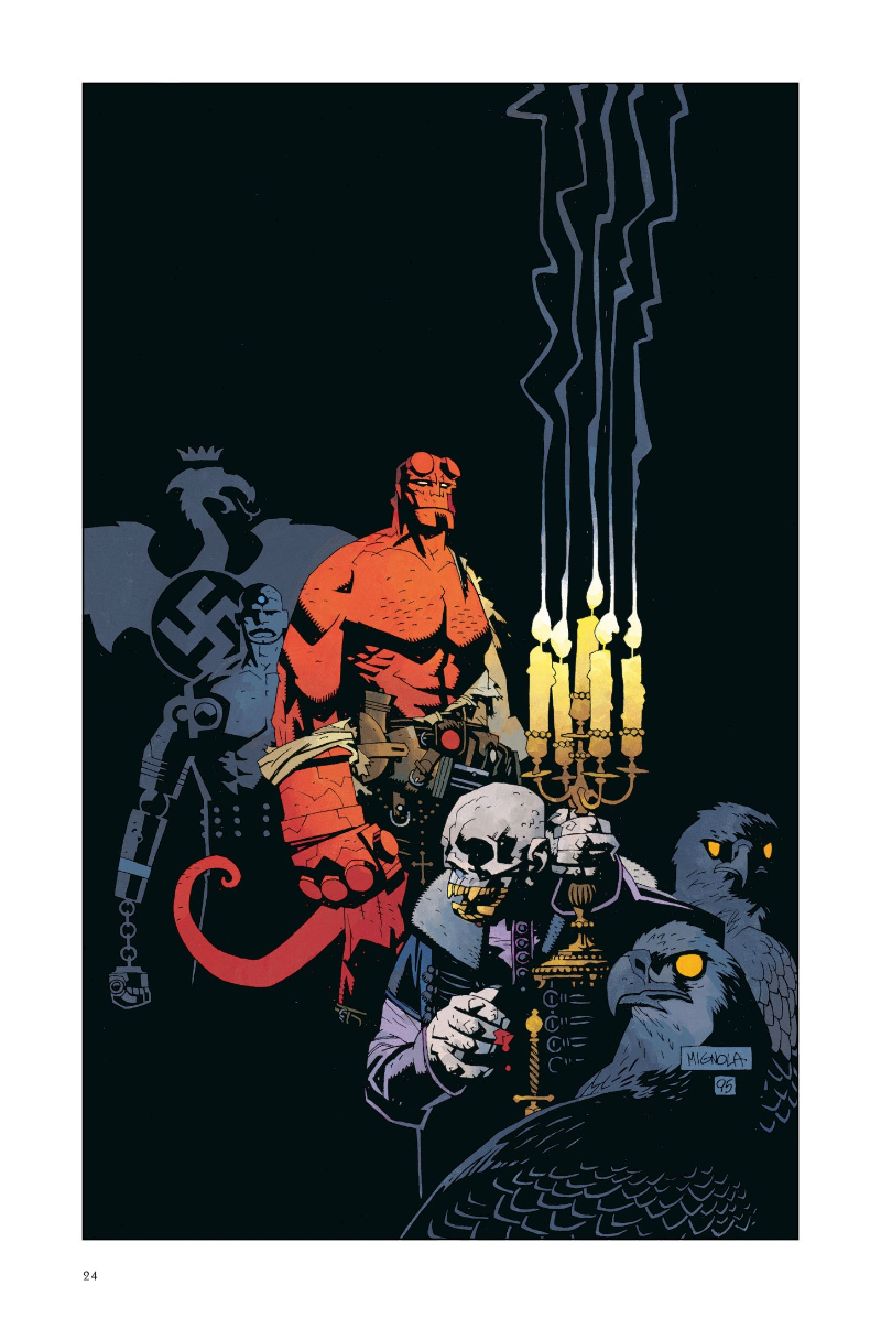 Hellboy in the midground with a skeleton holding a lit candelabra in the foreground