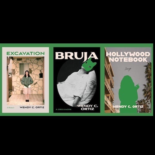 the covers of Excavation, Bruja, and Hollywood Notebook by Wendy C. Ortiz published by Northwestern University Press