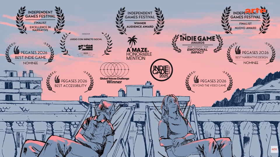 Tim and his mother sitting in deckchairs on the patio. The sun is rising and all the awards and nominations for Wednesdays are displayed in the sky