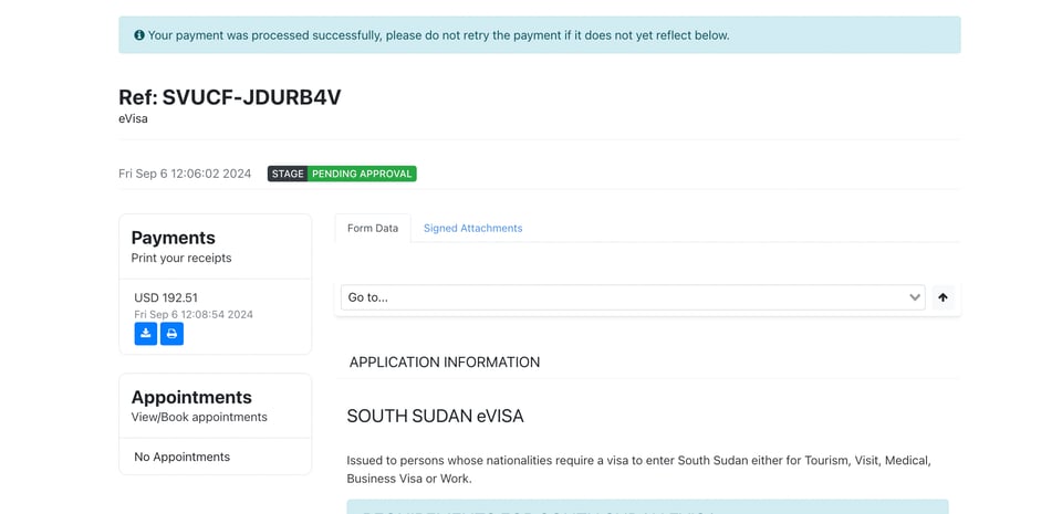 Screenshot of KC’s South Sudan eVisa receipt with a payment of USD 192.51