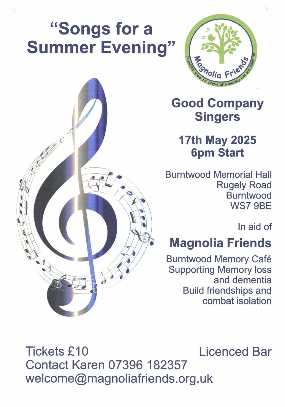 A poster for "Songs for a Summer Evening" featuring a large musical treble clef with notes flowing around it. Performed by Good Company Singers on 17th May 2025, 6pm at Burntwood Memorial Hall. The event supports Magnolia Friends, a local memory café helping those with dementia. Tickets are a tenner - bargain for a night out with a licensed bar! The Magnolia Friends logo shows a green tree with musical notes. 