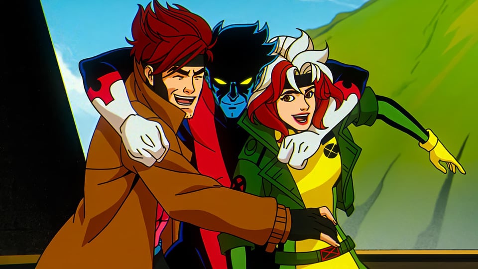 a shot from X-Men '97, featuring Gambit, Rogue and Nightcrawler