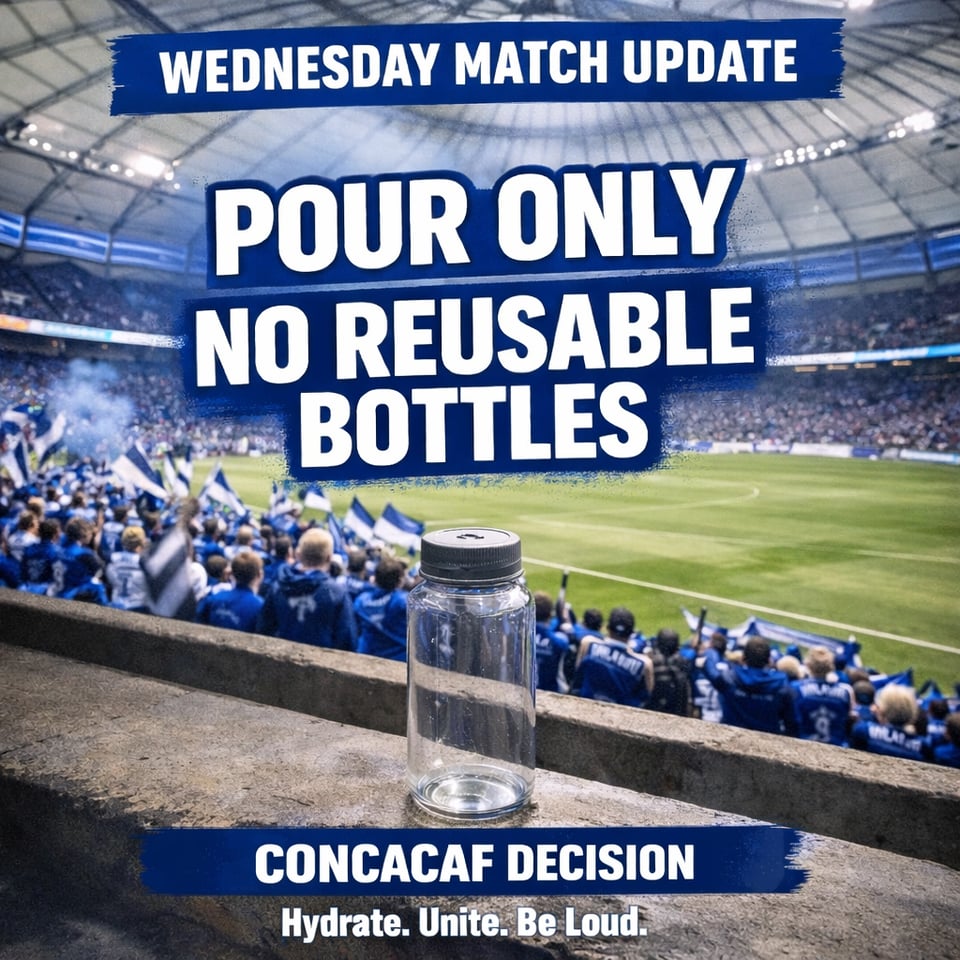 An image of an empty reusable bottle in front of a crowd of soccer supporters with the words "Wednesday Match Update. Pour Only. No Reusable Bottles. CONCACF Decision. Hydrate. Unite. Be Loud." overlayed.