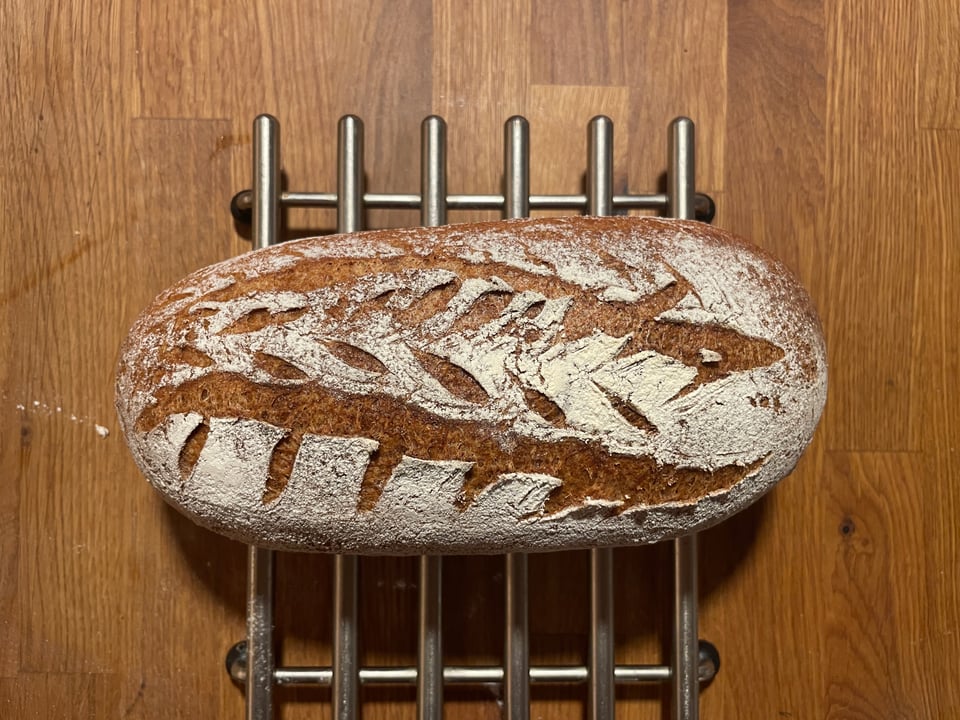 A gorgeous gluten-free sourdough bread cools off on a trivet ontop of a wooden kitchen island.