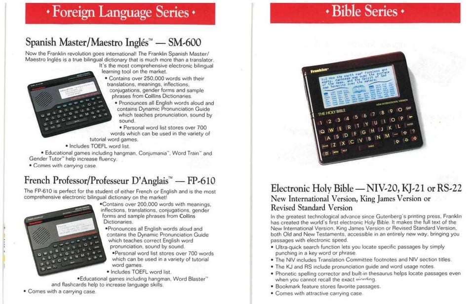 A product catalog for Franklin's various handheld devices. There is a Spanish translator, French translator, and a handheld Bible device.