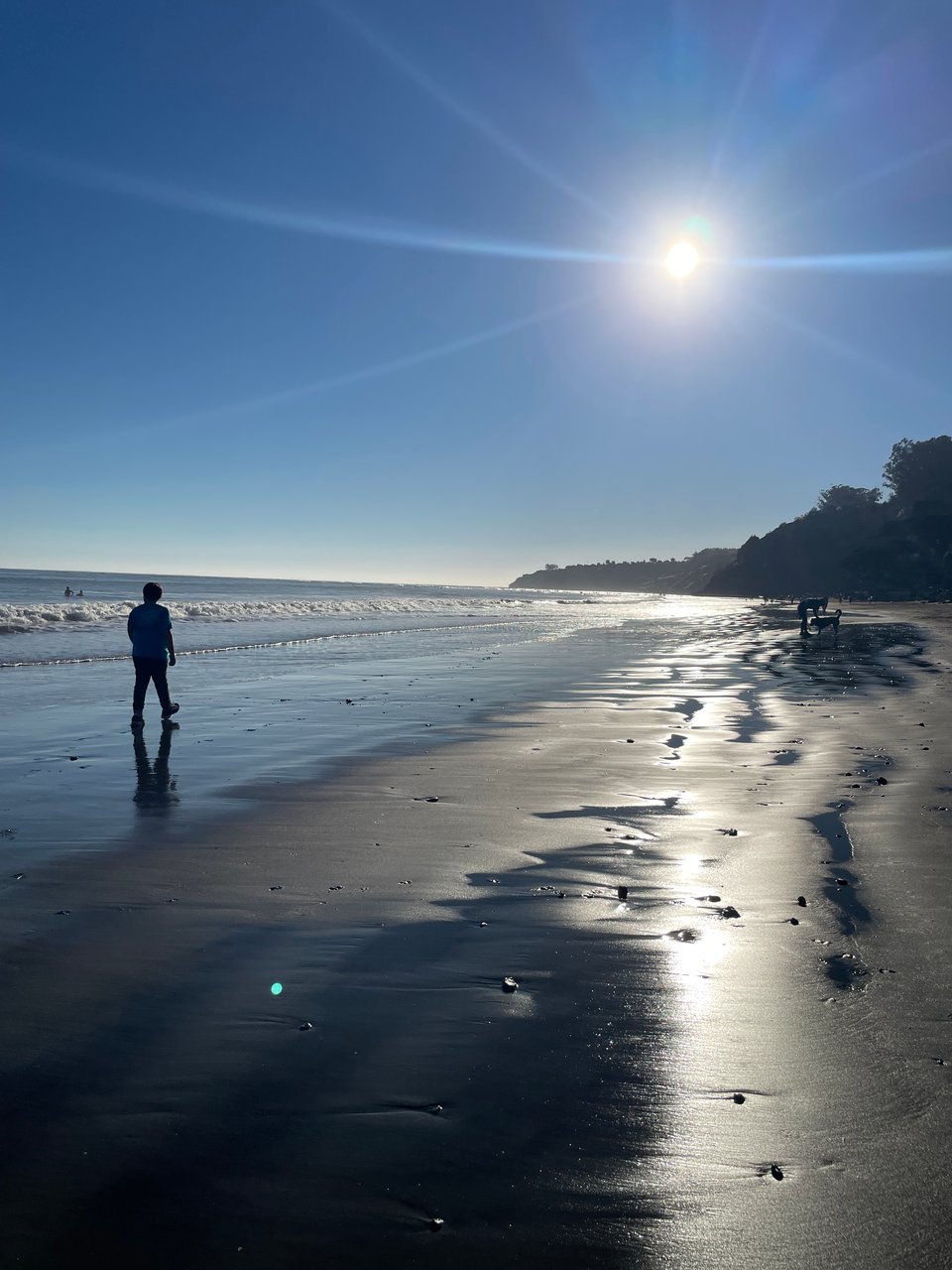 A boy walks away from the camera in silhouette on the beach.