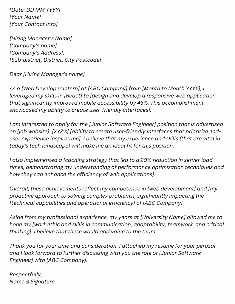 A formal job application letter highlighting experience and skills for a Junior Software Engineer position, including accomplishments in web development and user-friendly interface design.