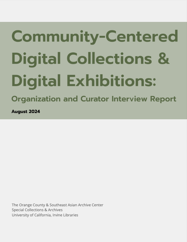 Green and beige report cover that reads Community-centered digital collections and digital exhibitions: Organization and curator interview report