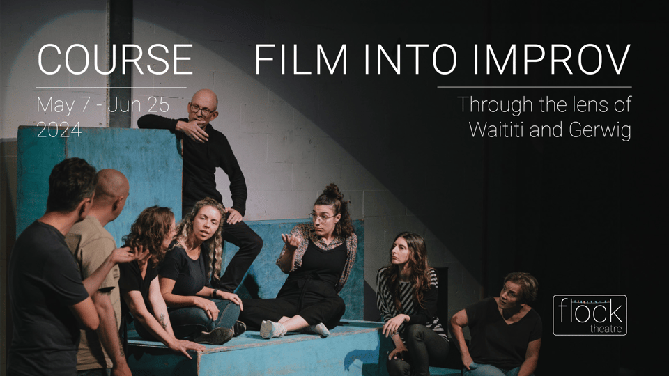 Banner for the course "Film into Improv" starting on the 7th of May in Amsterdam, showing a group of people engaged in a discussion.