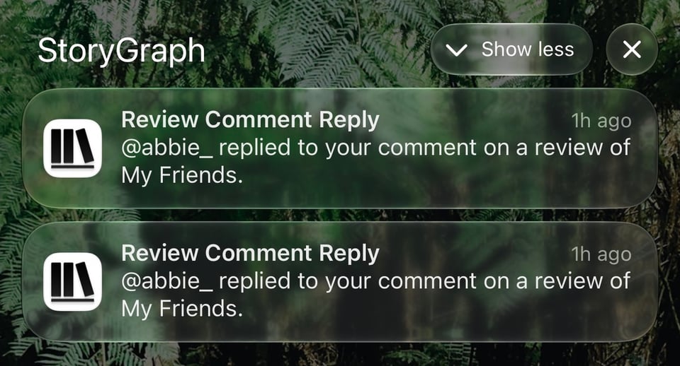 Two StoryGraph push notifications on an iPhone lock screen, both showing that @abbie_ replied to a comment on a review of My Friends.