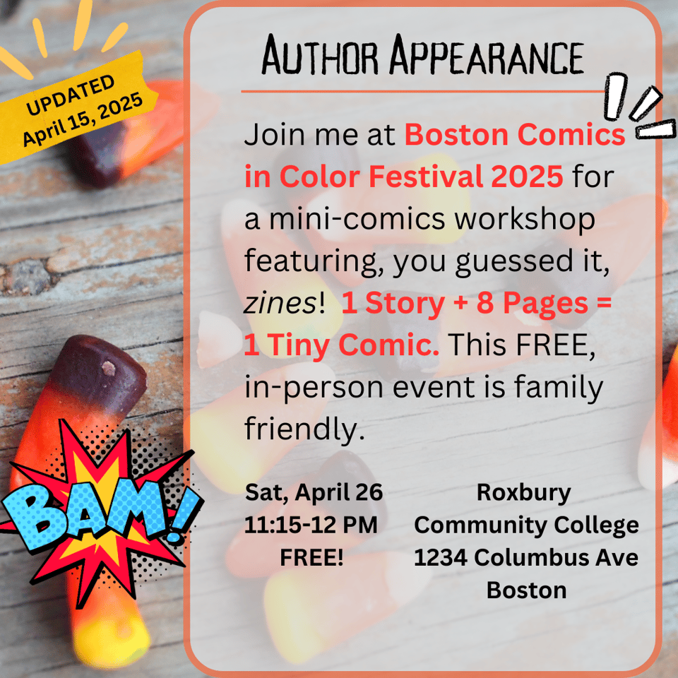 Flyer for comic book zine making workshop featuring candy corn kernels and comics-style exclamations