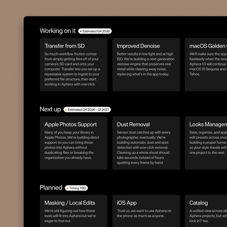 A screenshot of our public roadmap from the website.